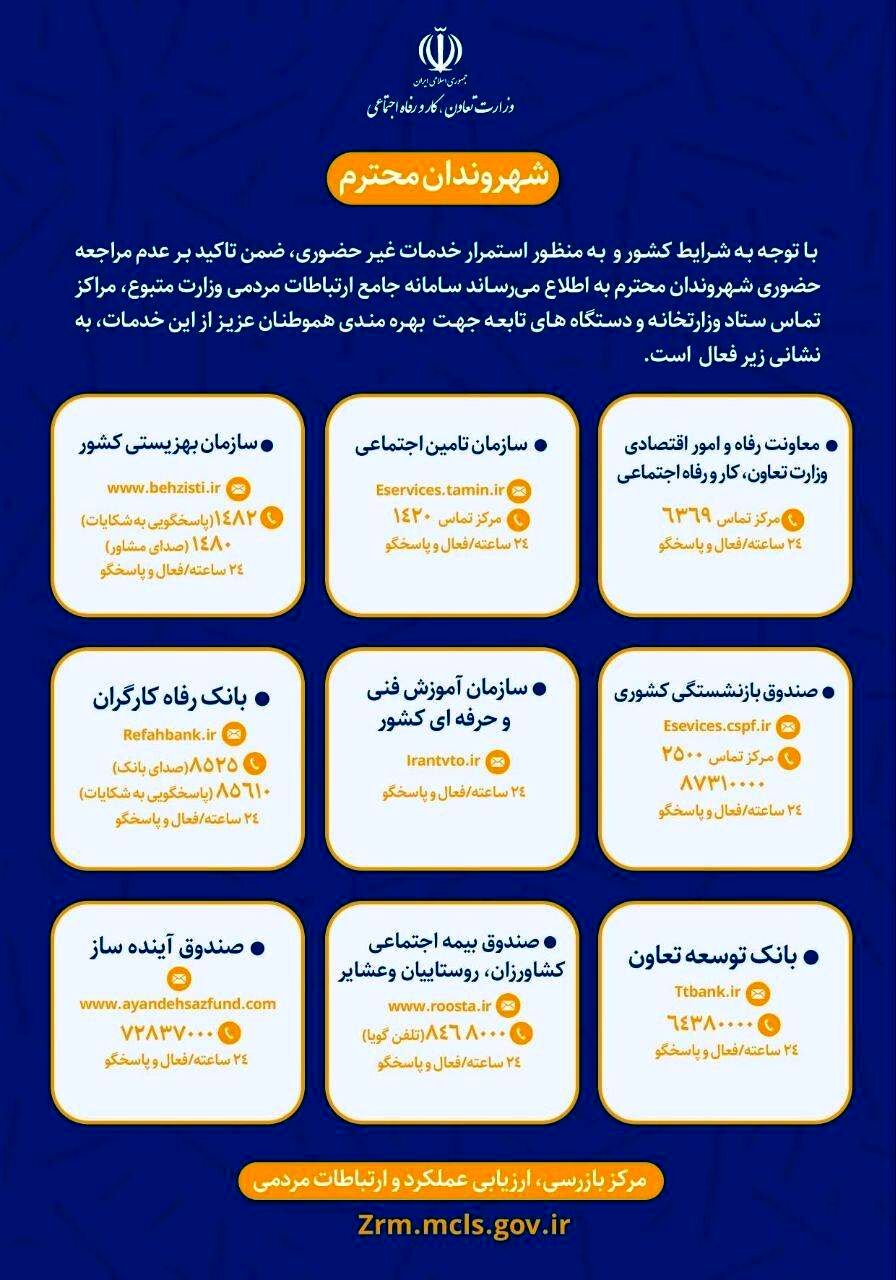 تداوم ارائه خدمات غیرحضوری وزارت تعاون، کار و رفاه اجتماعی به شهروندان
