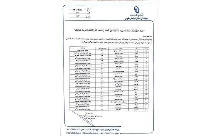 اقامه نماز عید قربان در ۲۶ نقطه خراسان‌جنوبی