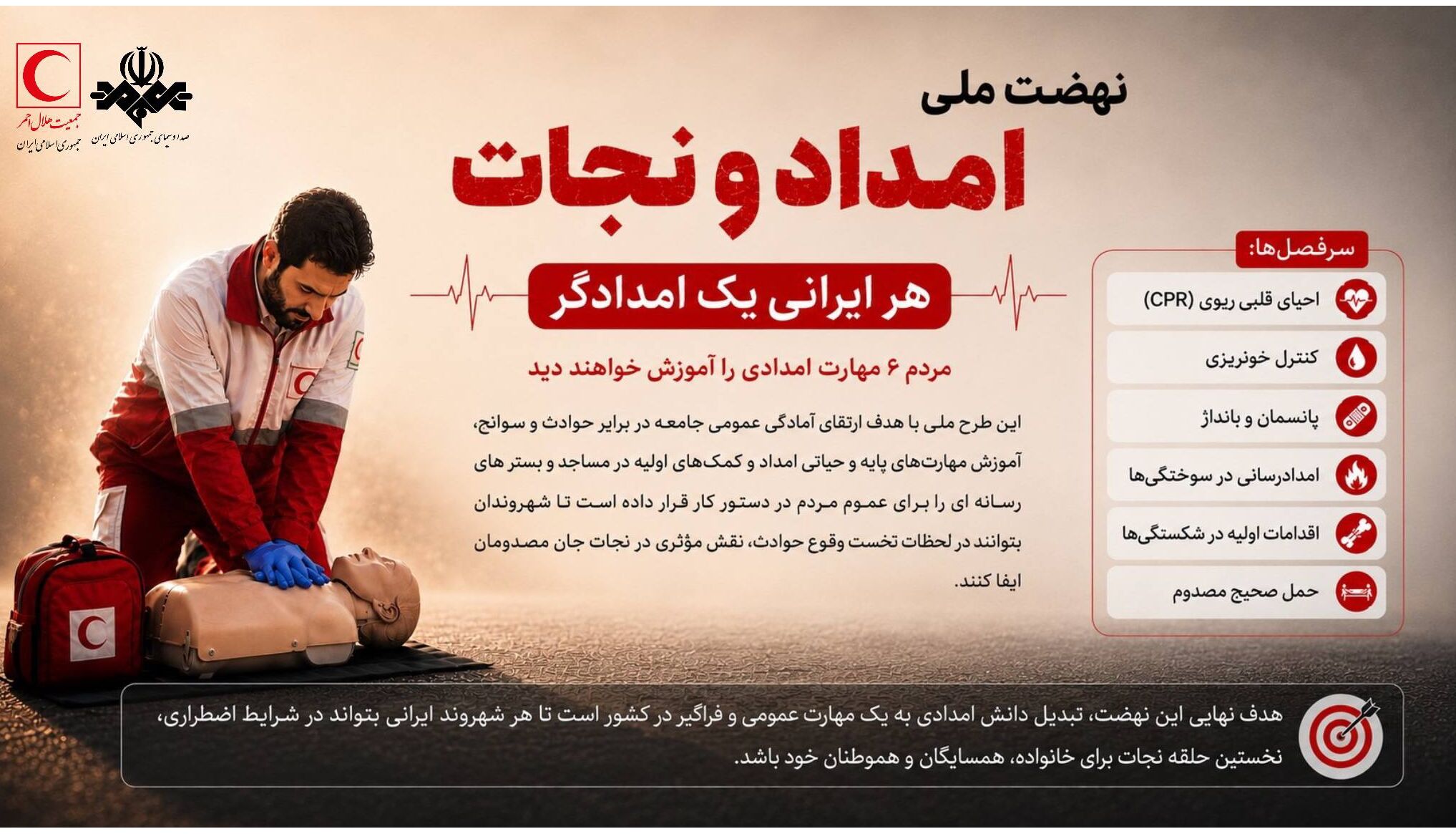 آغاز نهضت ملی امداد و نجات با شعار «هر ایرانی یک امدادگر»/ مردم ۶ مهارت امدادی را آموزش خواهند دید
